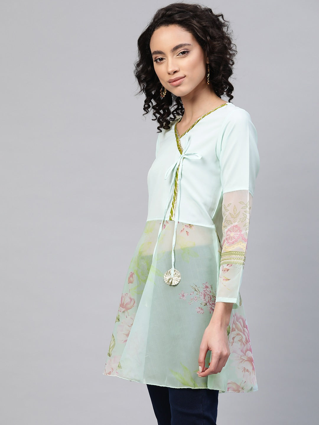 Ahalyaa Ahalya Women Sea Green & Pink Floral Print Semi-Sheer Angrakha Tunic