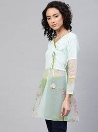 Thumbnail for Ahalyaa Ahalya Women Sea Green & Pink Floral Print Semi-Sheer Angrakha Tunic