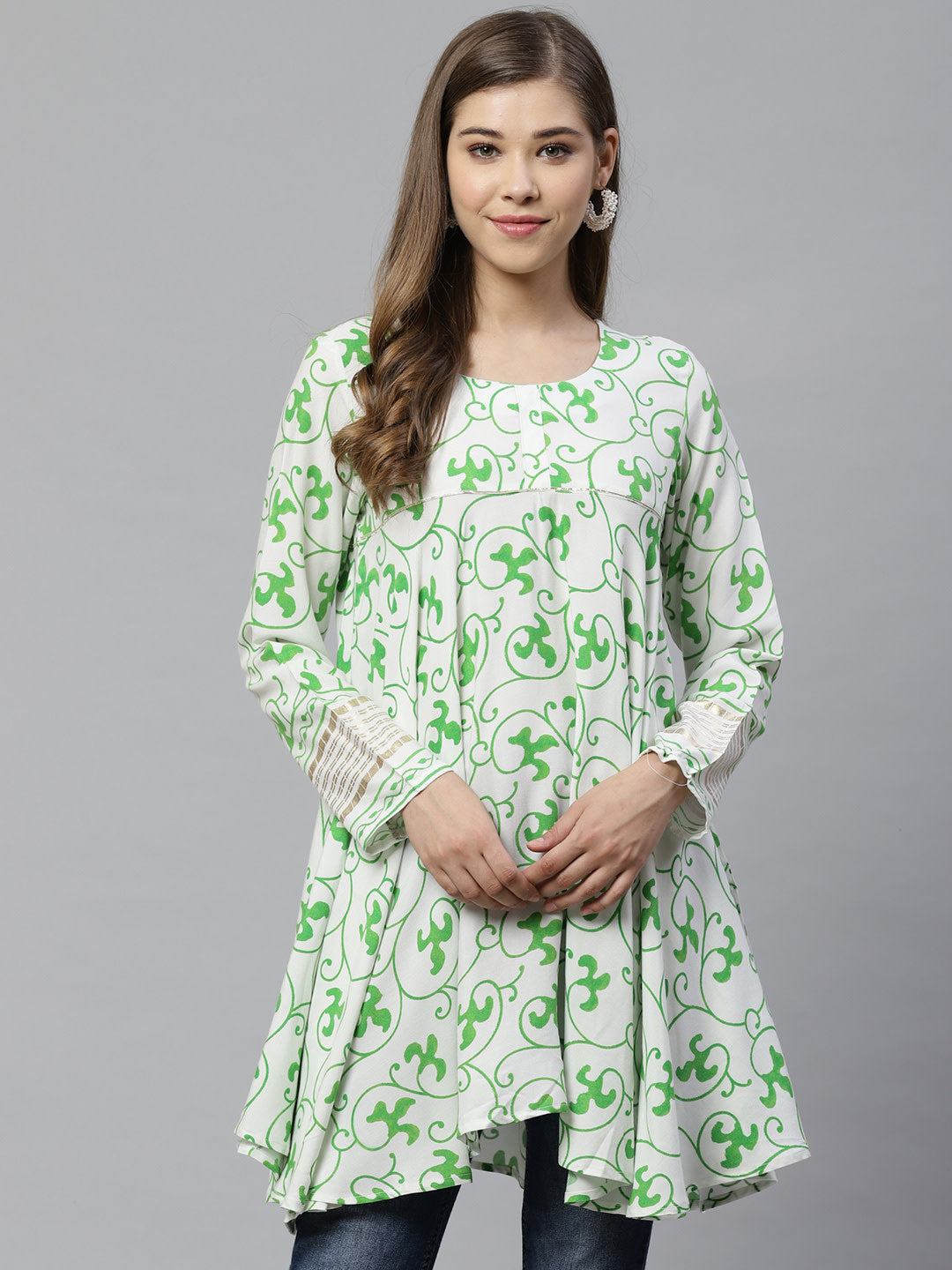 Ahalyaa White & Green Ethnic Printed Asymmetric Tunic