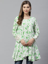 Thumbnail for Ahalyaa White & Green Ethnic Printed Asymmetric Tunic