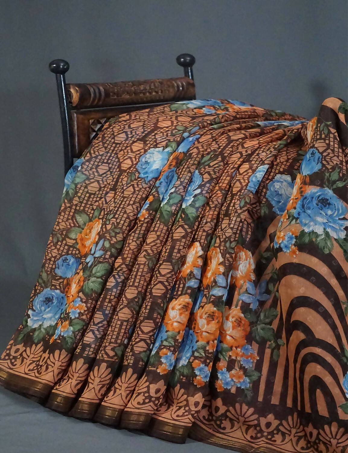 Shades Of Dark Coffee Brown With Floral Design Semi Chanderi Saree By Gayathri Reddy Designer Studio