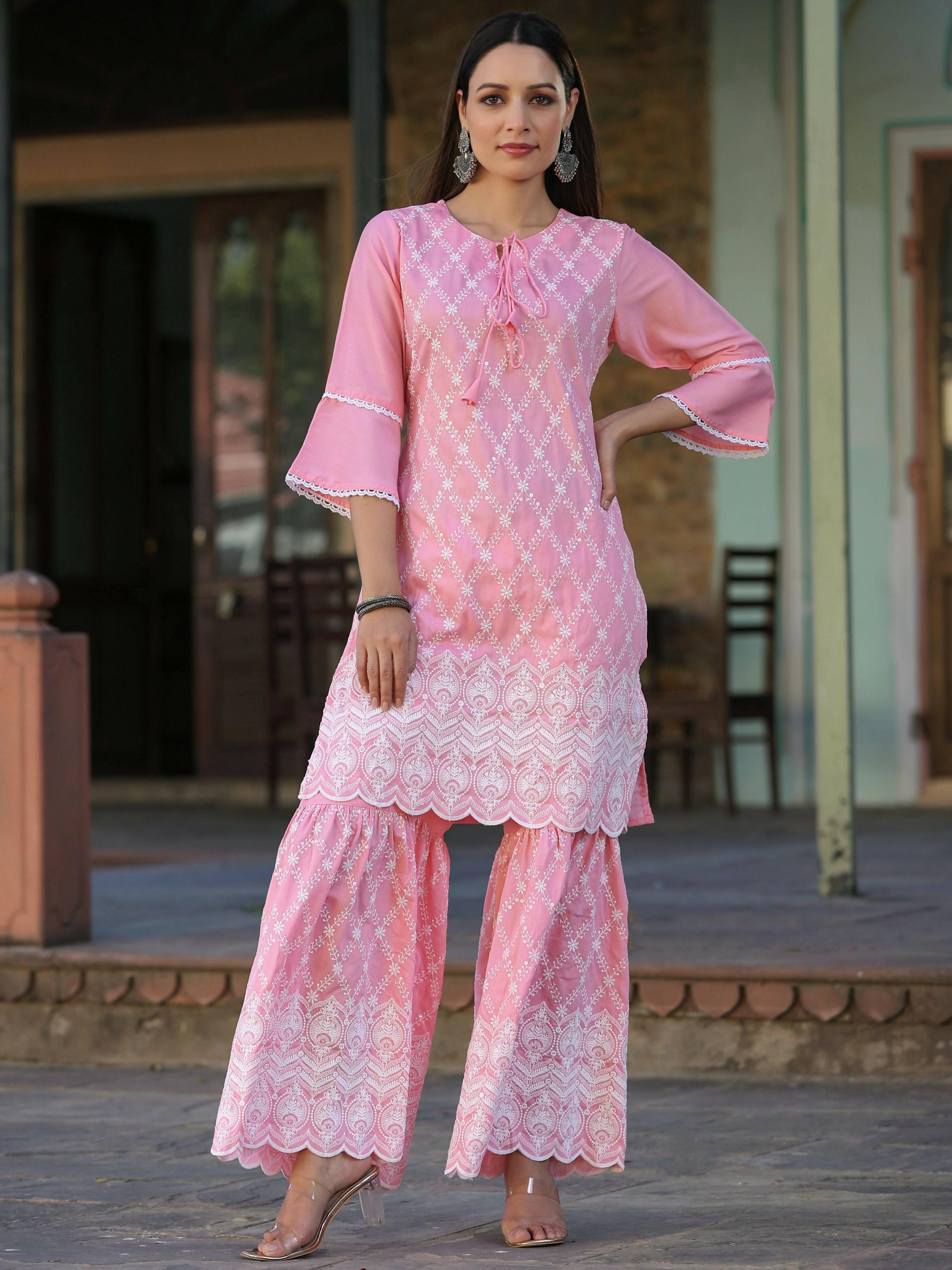 Juniper Women's Pink Chinnon Embroidered Kurta Garara Set - Distacart