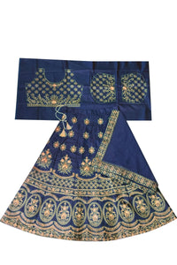 Thumbnail for Dwiden Navy Blue Lehriyu Tafetta Sattin Semi-Stitched Girl's Lehenga Choli - Distacart