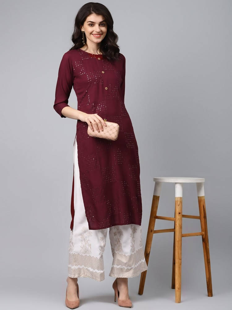 Yufta Women Maroon Self Design Kurta with Palazzo