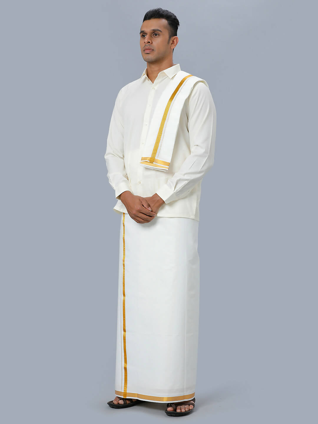 Ramraj Cotton Mens Wedding Cream Regular Dhoti, Shirt & Towel Set Subhakalyan 3/4" - Distacart