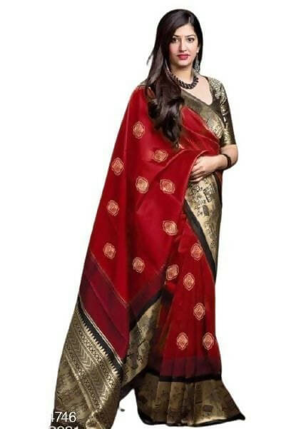 DEIANA'S Beautiful Golden Jari with New Design Soft Lichi Silk Saree - Red - Distacart