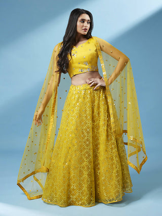 House of Panchhi Mustard Net Sequinse Work Lehenga & Blouse, Dupatta - Distacart