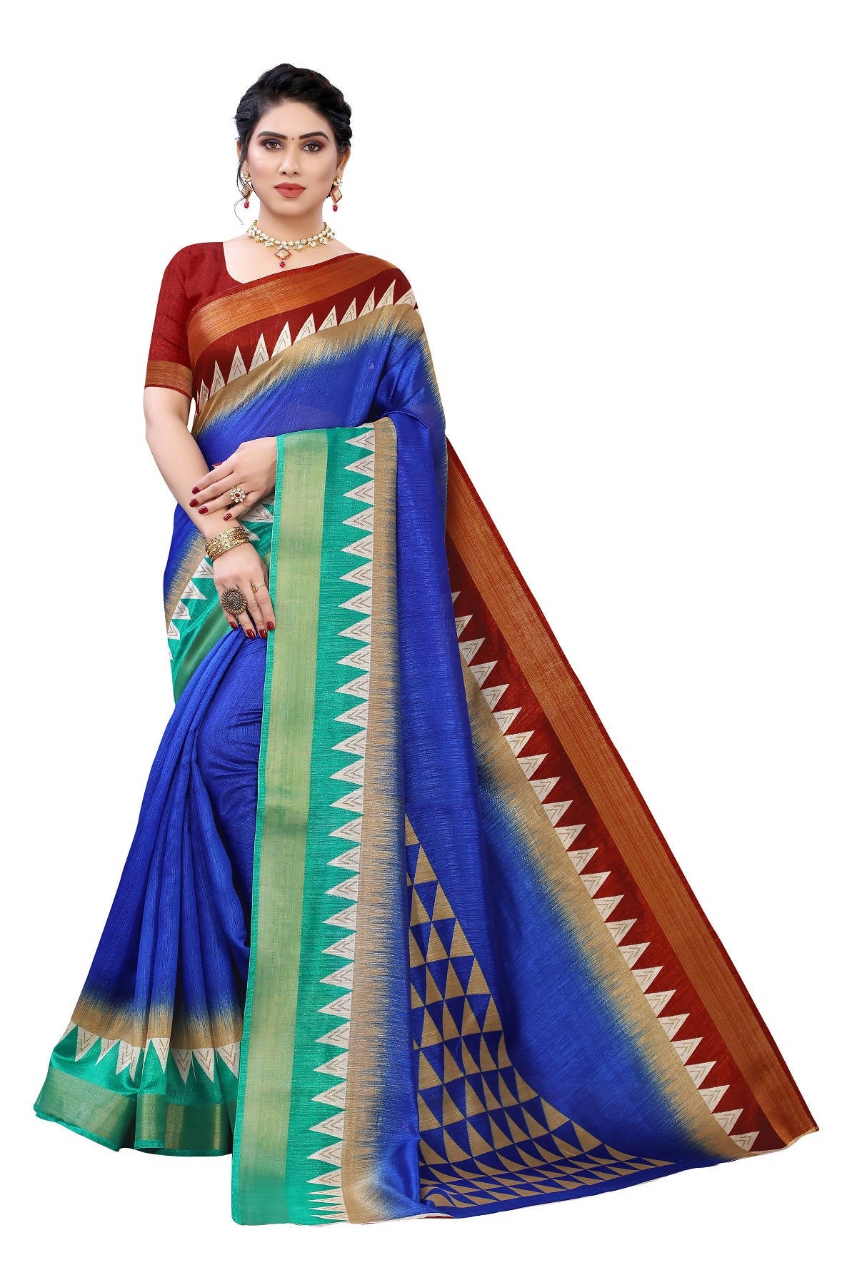 Vamika Blue & Brown Linen Jari Border Saree (GUNJAN BLUE) - Distacart