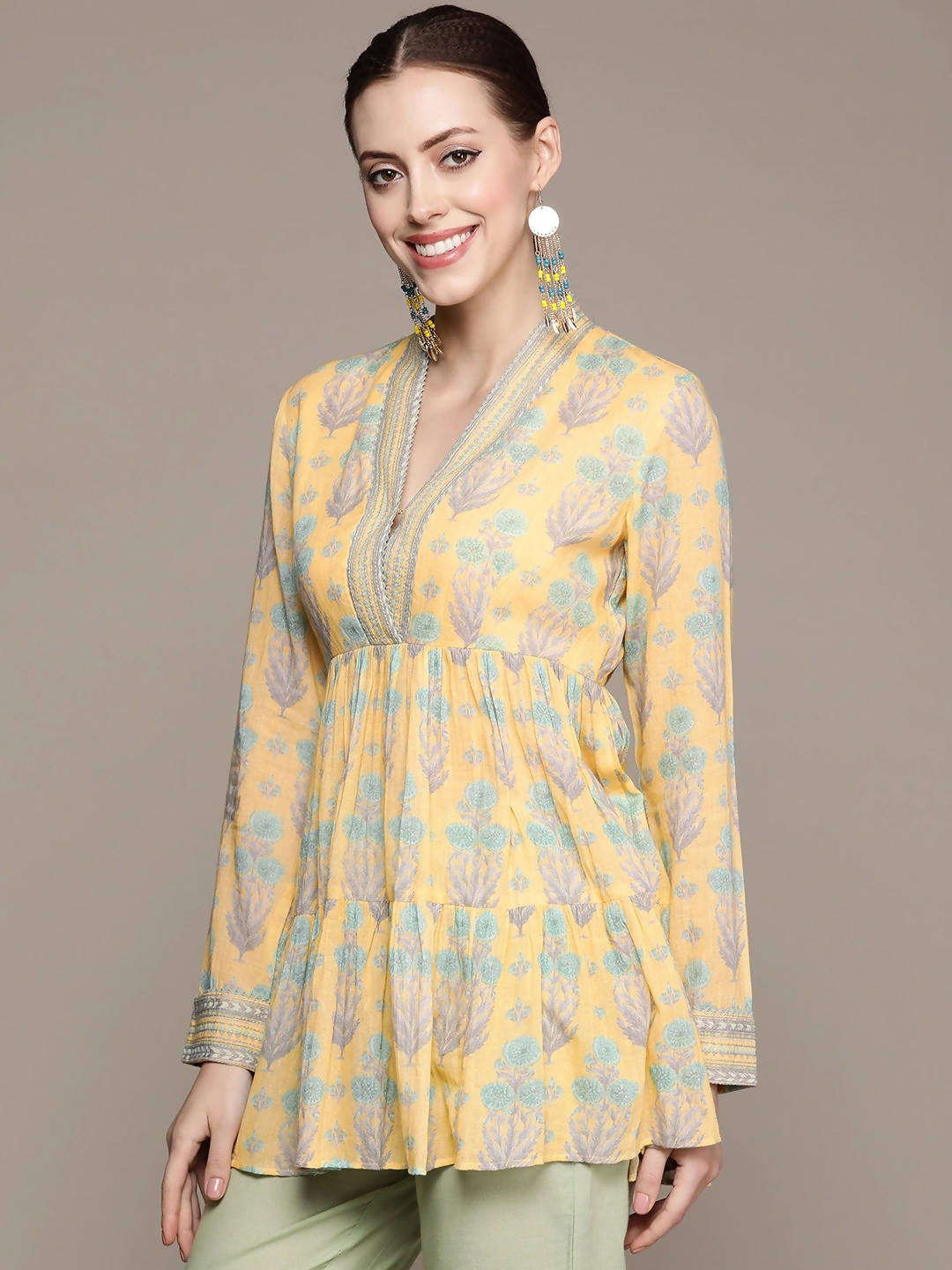 Ritu Kumar Women Yellow & Green Ethnic Printed Pure Cotton Tiered Kurti - Distacart