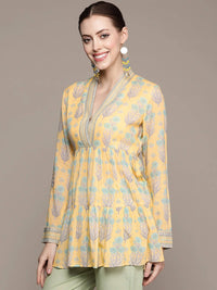 Thumbnail for Ritu Kumar Women Yellow & Green Ethnic Printed Pure Cotton Tiered Kurti - Distacart