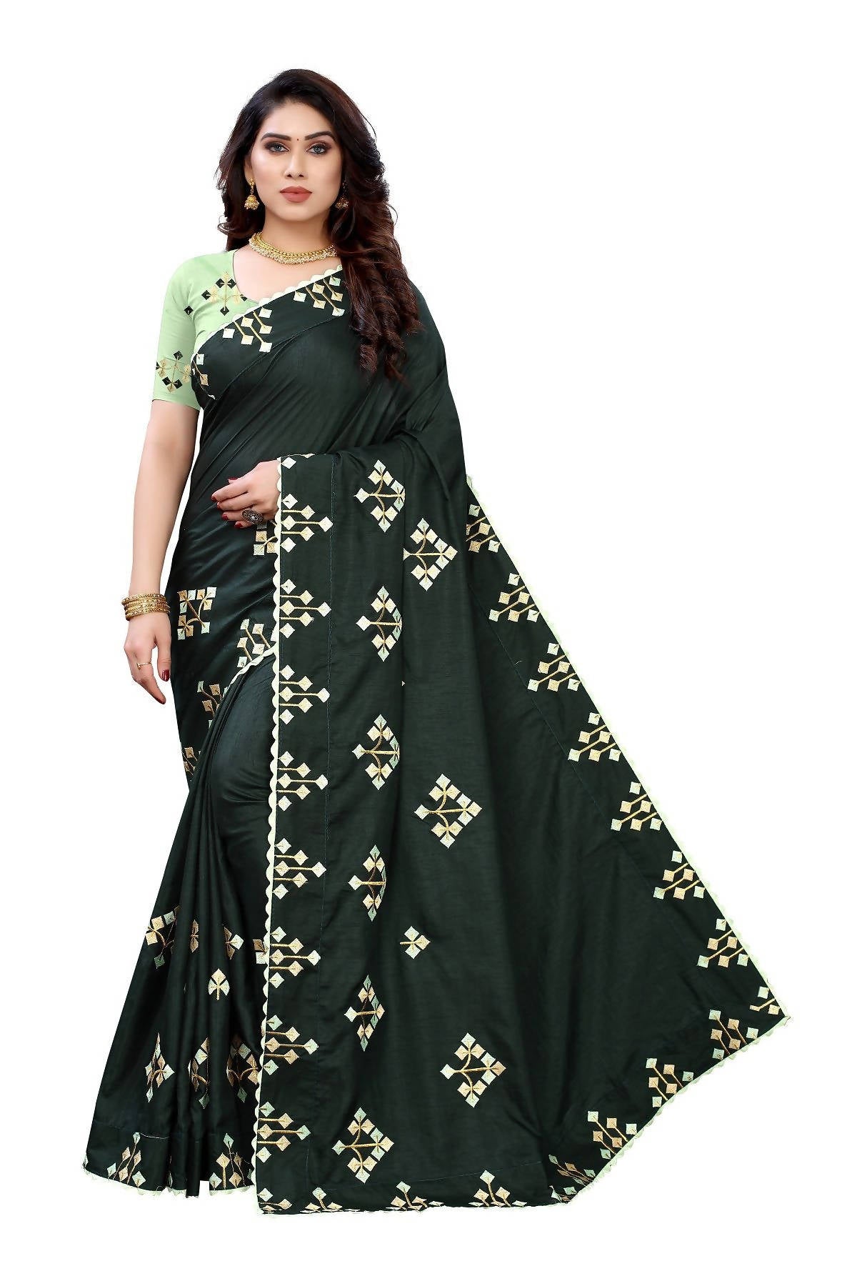 Vamika Green Dola Silk Embroidery Saree (JENY GREEN) - Distacart
