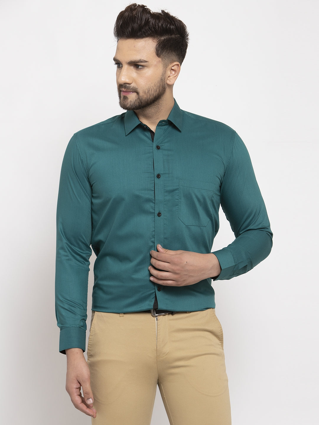Jainish Teal Blue Formal Shirt with black detailing ( SF 411Teal ) - Distacart