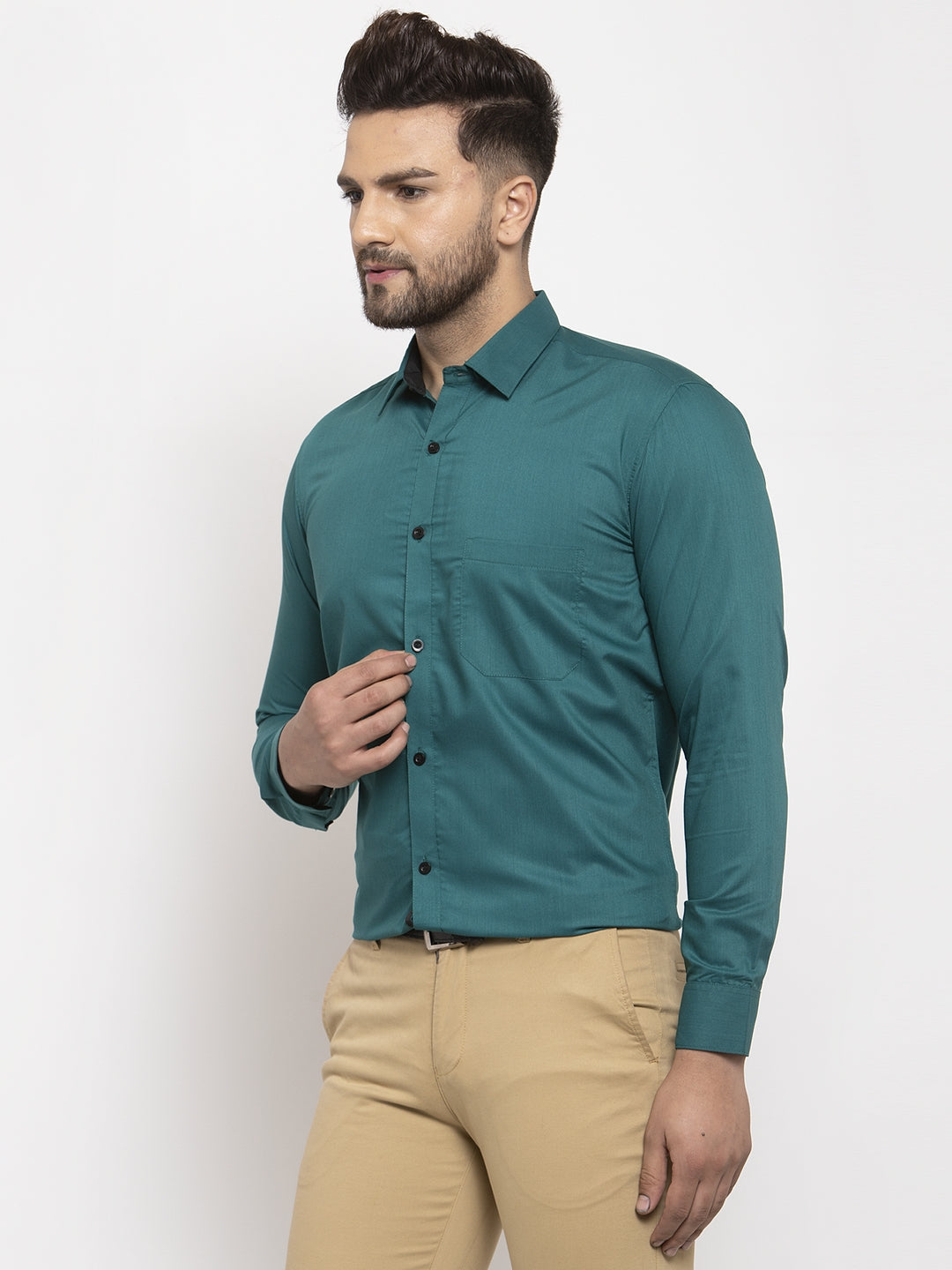 Jainish Teal Blue Formal Shirt with black detailing ( SF 411Teal ) - Distacart