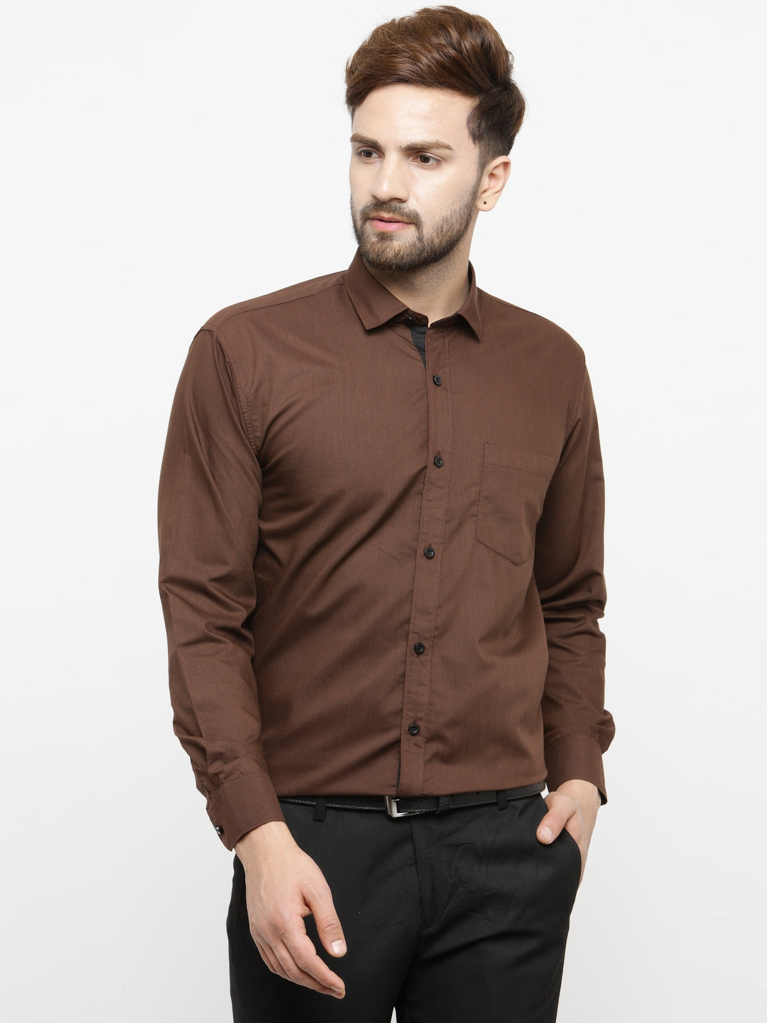 Jainish Coffee Formal Shirt with black detailing ( SF 411Coffee ) - Distacart