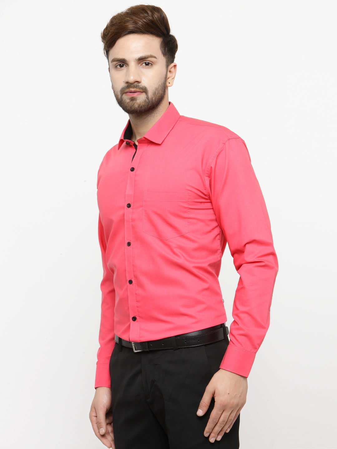 Jainish Coral Red Formal Shirt with black detailing ( SF 411Coral ) - Distacart