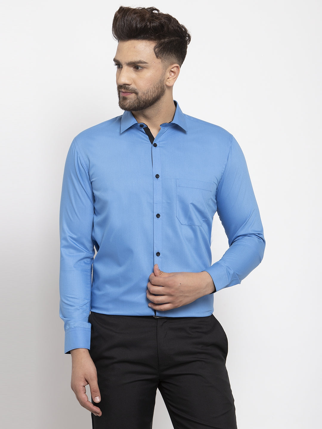 Jainish Light Blue Formal Shirt with black detailing ( SF 411Light-Blue ) - Distacart