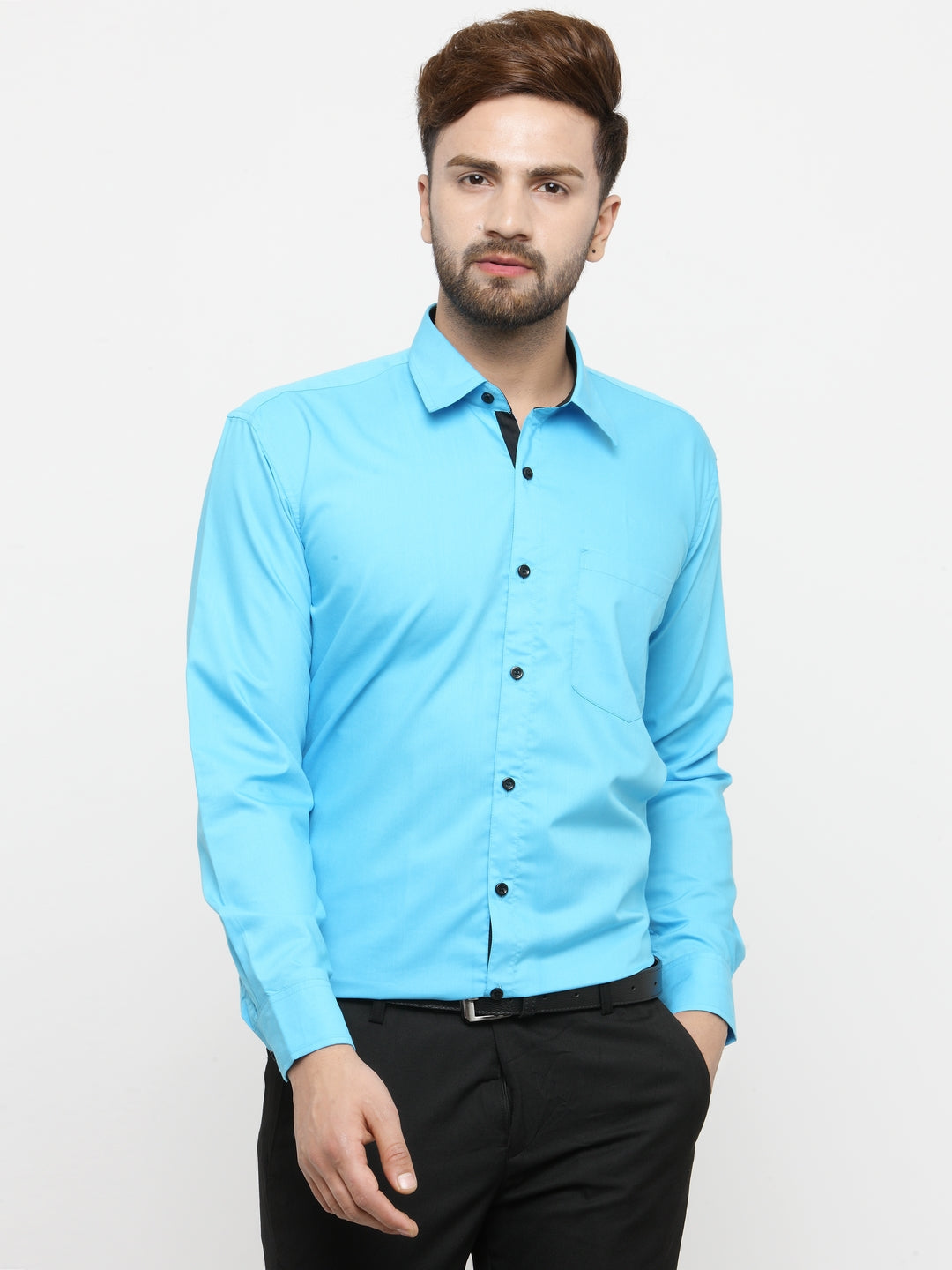 Jainish Sky Blue Formal Shirt with black detailing ( SF 411Sky ) - Distacart