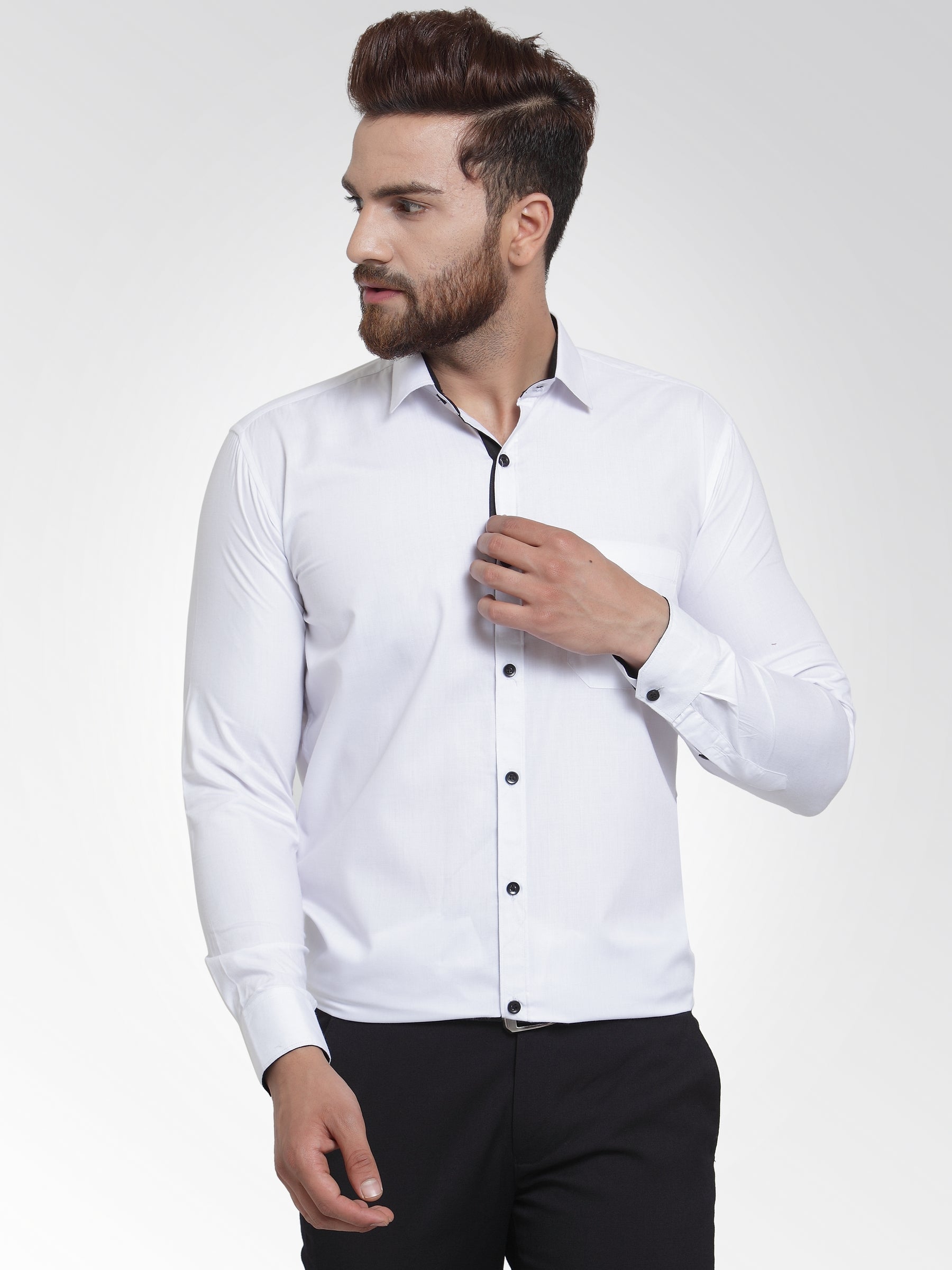 Jainish White Formal Shirt with black detailing ( SF 411White ) - Distacart