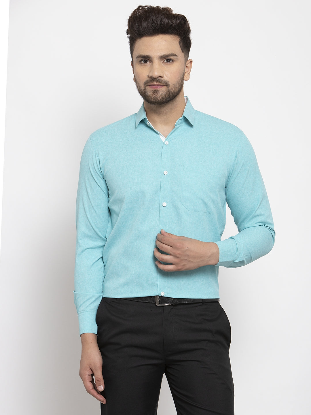 Jainish Aqua Blue Formal Shirt with white detailing ( SF 419Aqua ) - Distacart
