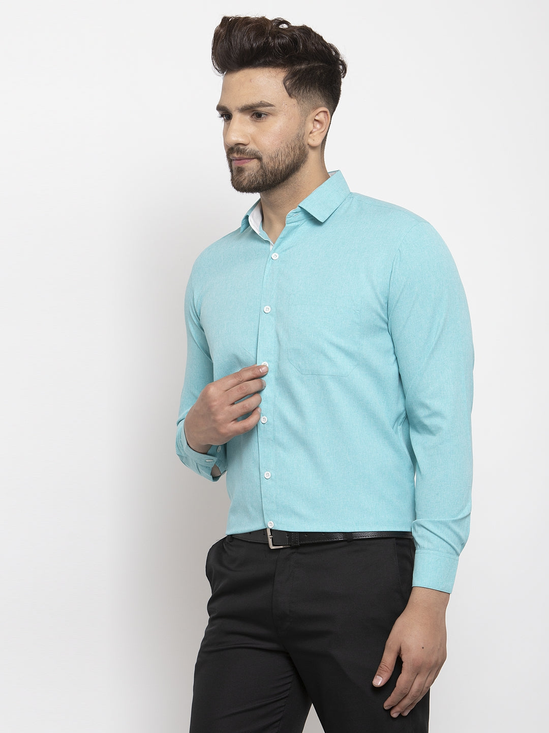 Jainish Aqua Blue Formal Shirt with white detailing ( SF 419Aqua ) - Distacart