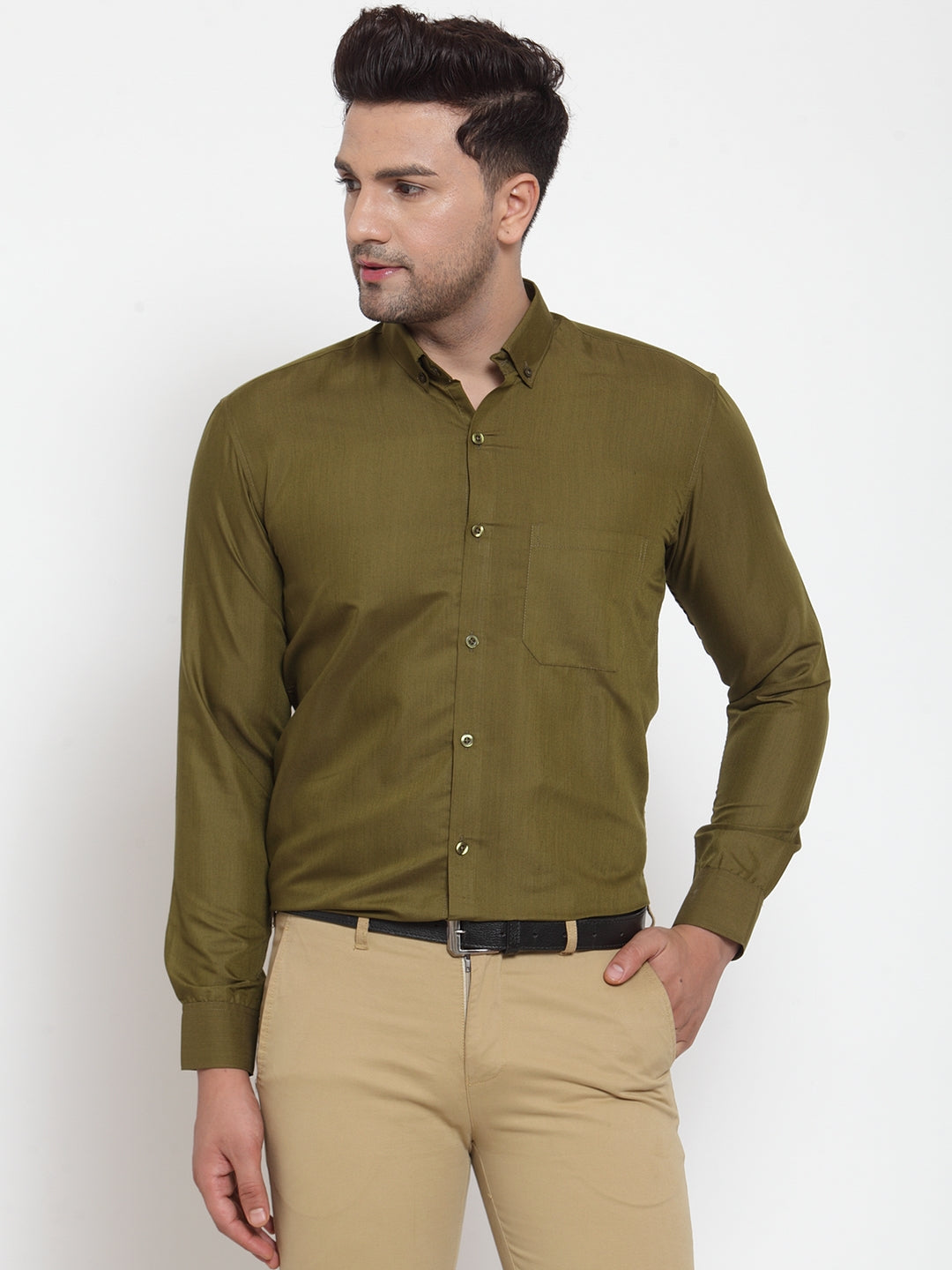 Jainish Green Men's Cotton Solid Button Down Formal Shirts ( SF 713Olive ) - Distacart