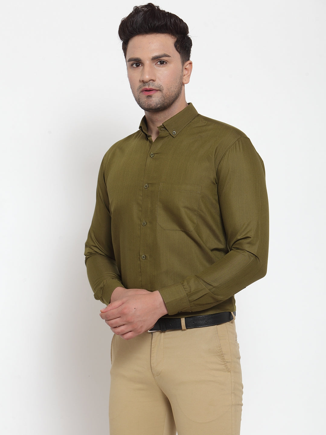 Jainish Green Men's Cotton Solid Button Down Formal Shirts ( SF 713Olive ) - Distacart