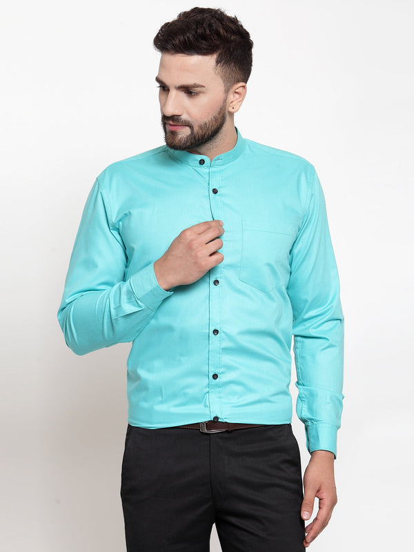 Jainish Green Men's Cotton Solid Mandarin Collar Formal Shirts ( SF 726Aqua ) - Distacart