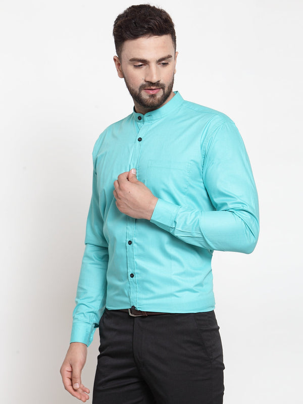 Jainish Green Men's Cotton Solid Mandarin Collar Formal Shirts ( SF 726Aqua ) - Distacart