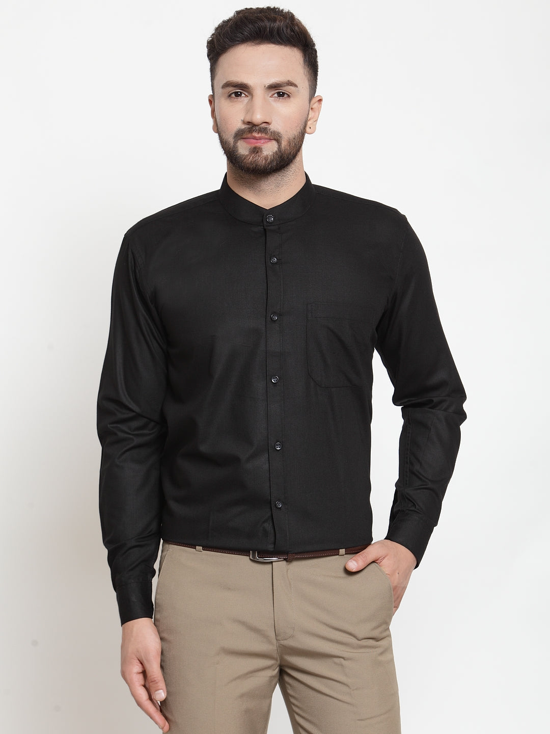 Jainish Black Men's Cotton Solid Mandarin Collar Formal Shirts ( SF 726Black ) - Distacart