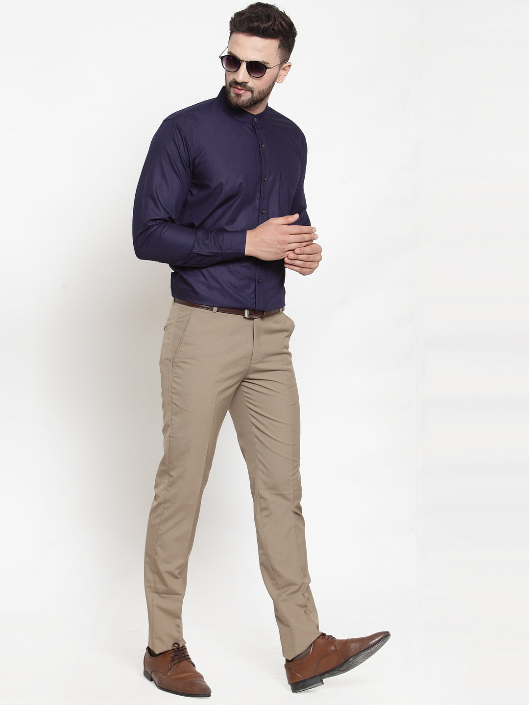 Jainish Navy Men's Cotton Solid Mandarin Collar Formal Shirts ( SF 726Navy ) - Distacart