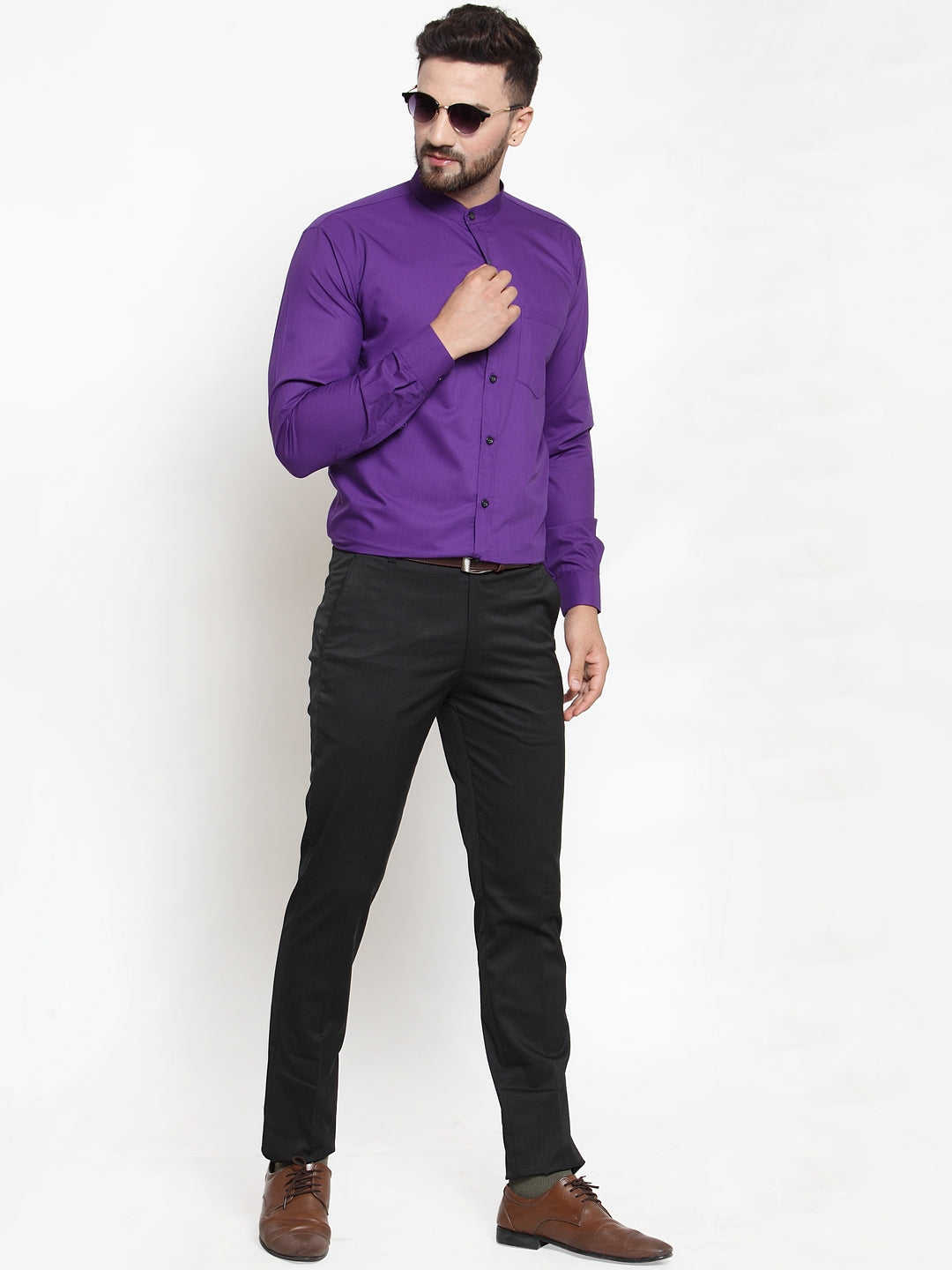 Jainish Purple Men's Cotton Solid Mandarin Collar Formal Shirts ( SF 726Purple ) - Distacart
