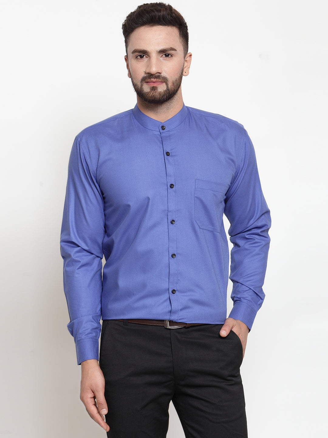 Jainish Blue Men's Cotton Solid Mandarin Collar Formal Shirts ( SF 726Royal-Blue ) - Distacart