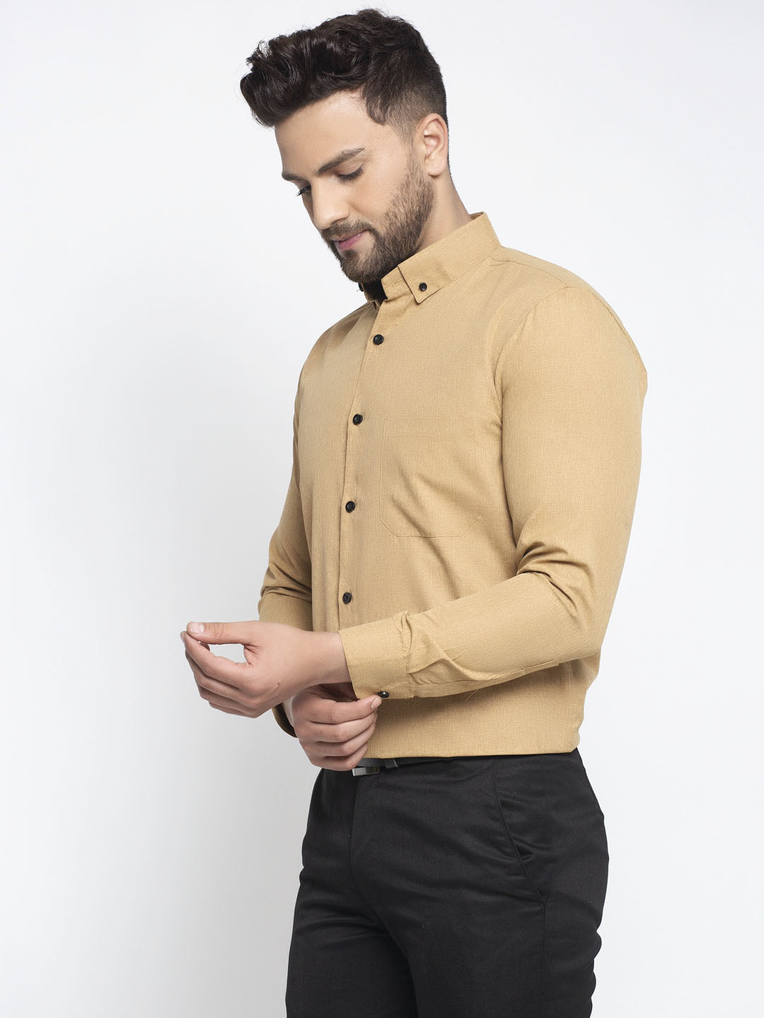 Jainish Beige Men's Cotton Solid Button Down Formal Shirts ( SF 734Beige ) - Distacart