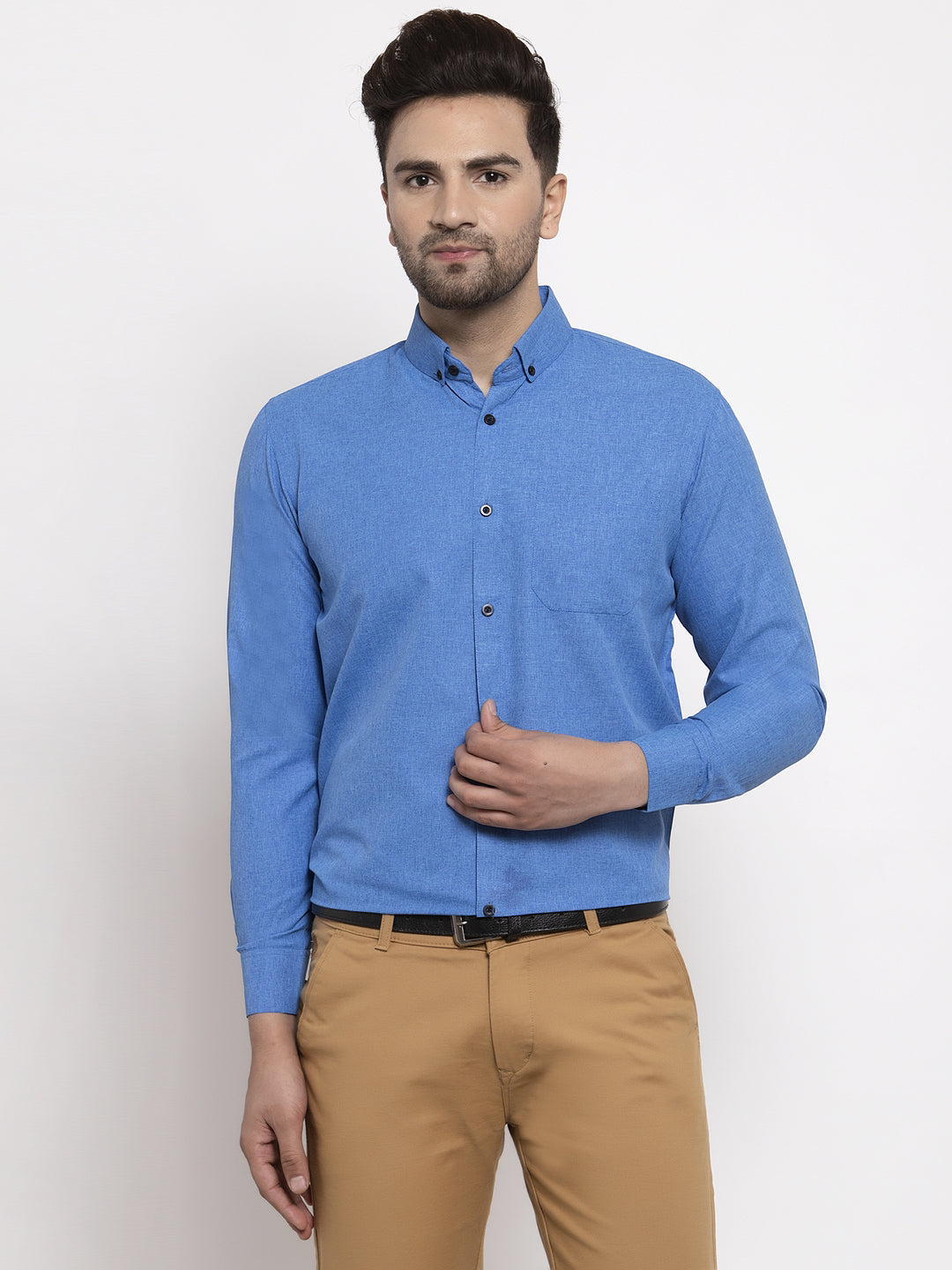 Jainish Blue Men's Cotton Solid Button Down Formal Shirts ( SF 734Blue ) - Distacart
