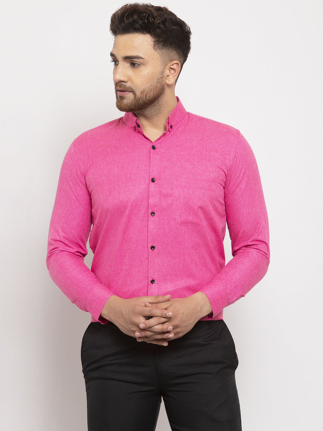 Jainish Pink Men's Cotton Solid Button Down Formal Shirts ( SF 734Pink ) - Distacart