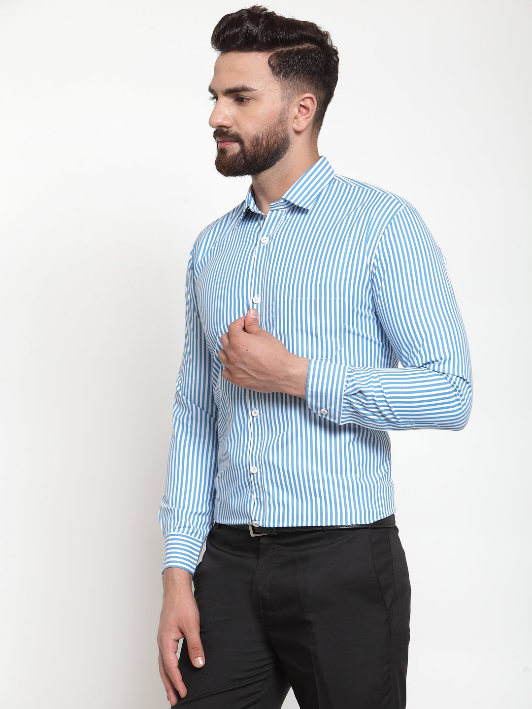 Jainish Blue Men's Cotton Striped Formal Shirts ( SF 735Sky ) - Distacart