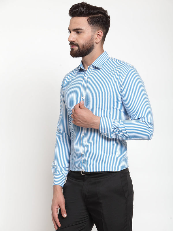 Jainish Blue Men's Cotton Striped Formal Shirts ( SF 735Sky ) - Distacart