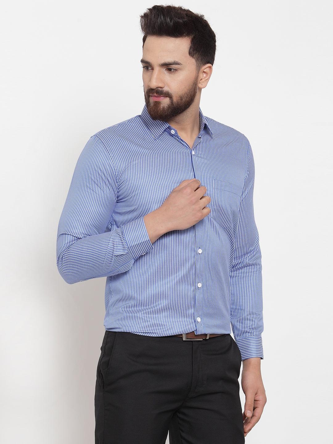 Jainish Blue Men's Cotton Stiped Formal Shirts ( SF 737Blue ) - Distacart
