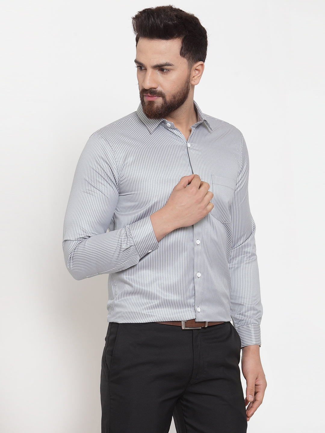 Jainish Grey Men's Cotton Stiped Formal Shirts ( SF 737Grey ) - Distacart