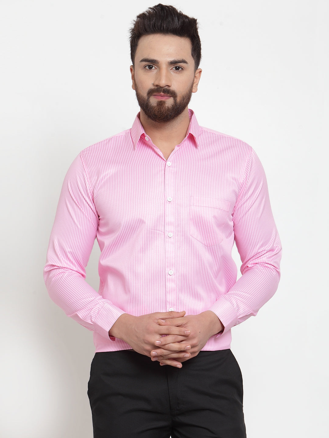 Jainish Pink Men's Cotton Stiped Formal Shirts ( SF 737Pink ) - Distacart
