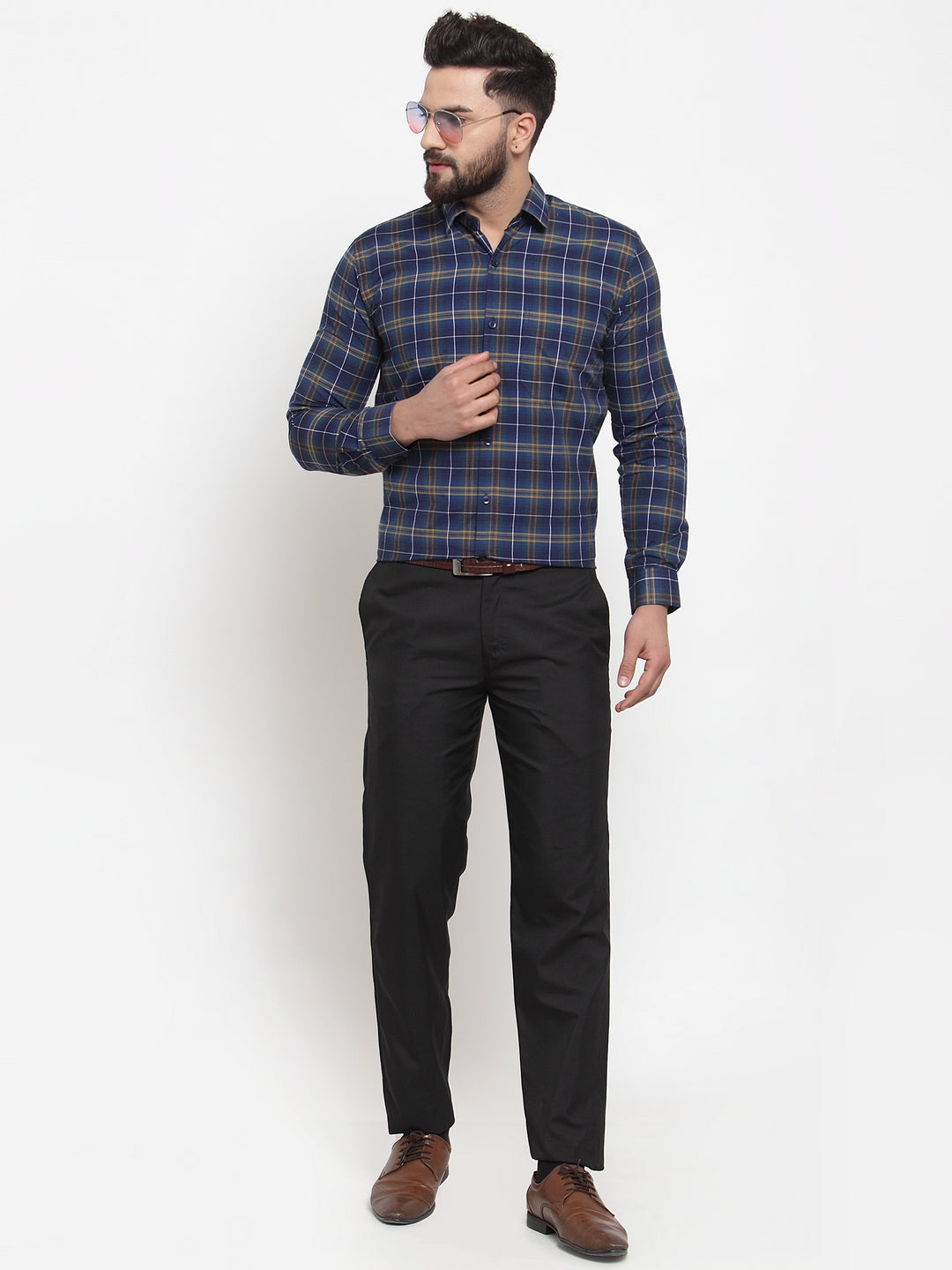 Jainish Blue Men's Cotton Checked Formal Shirts ( SF 741Royal-Blue ) - Distacart