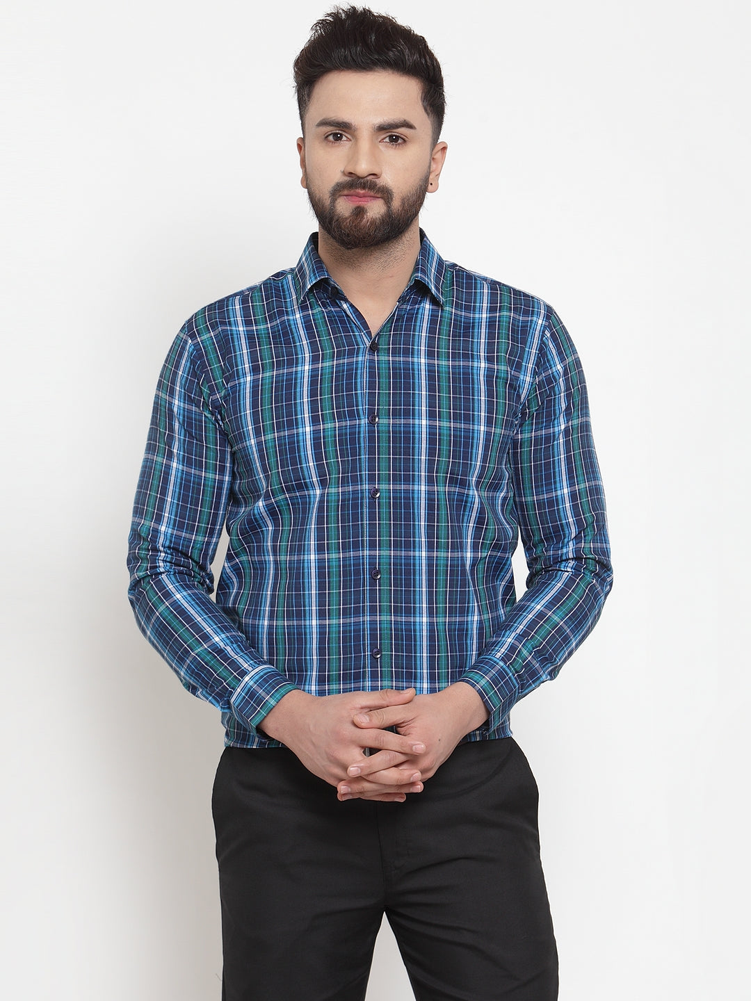 Jainish Blue Men's Cotton Checked Formal Shirts ( SF 741Sky-Blue ) - Distacart
