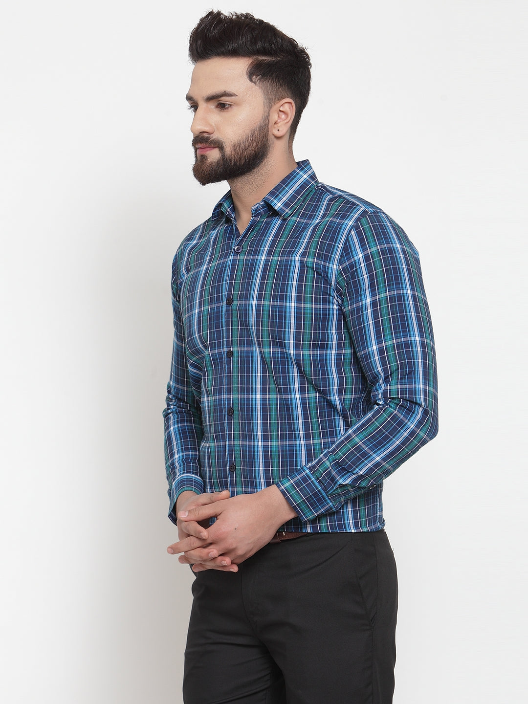 Jainish Blue Men's Cotton Checked Formal Shirts ( SF 741Sky-Blue ) - Distacart