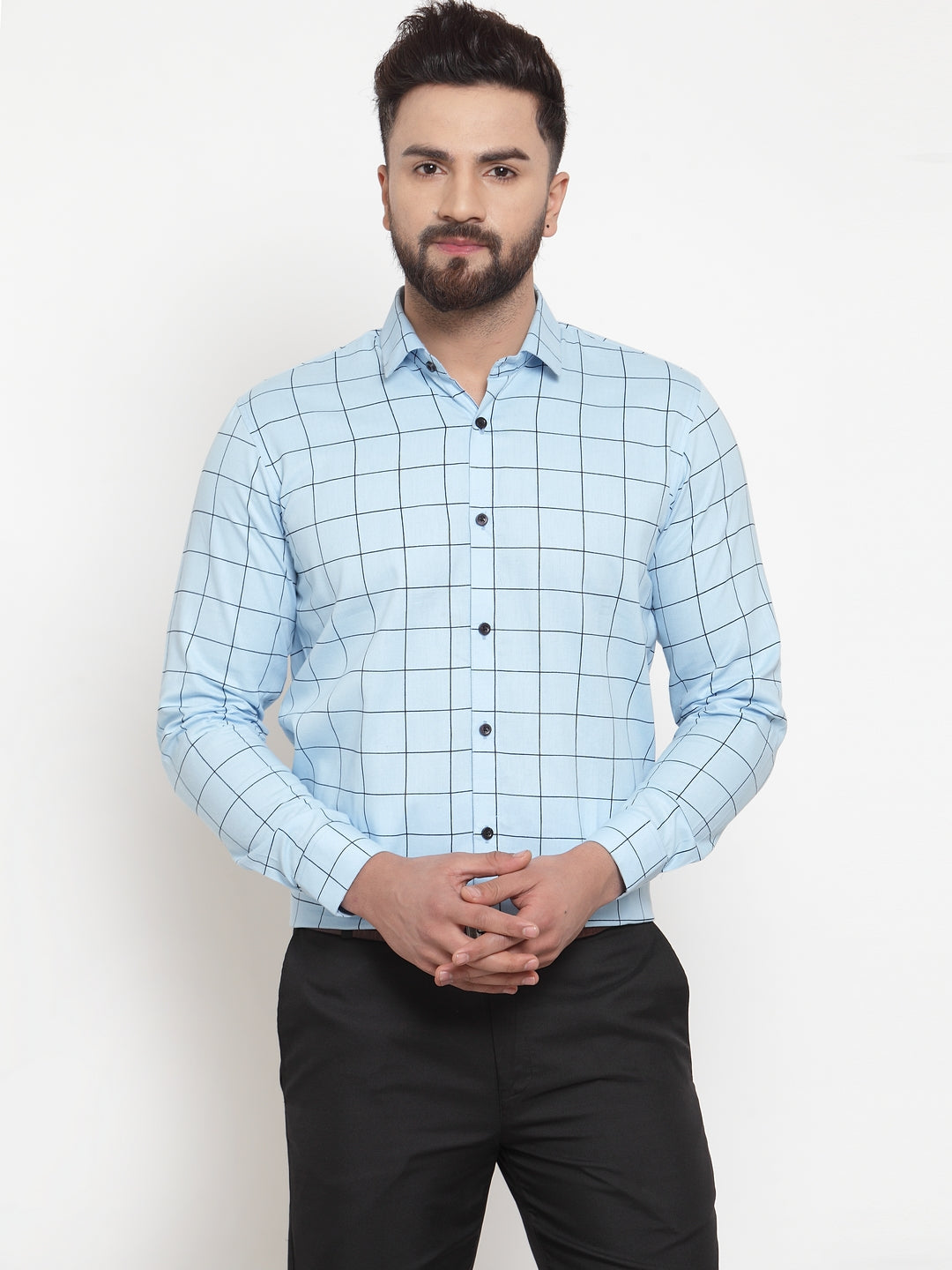 Jainish Blue Men's Cotton Checked Formal Shirts ( SF 742Sky ) - Distacart