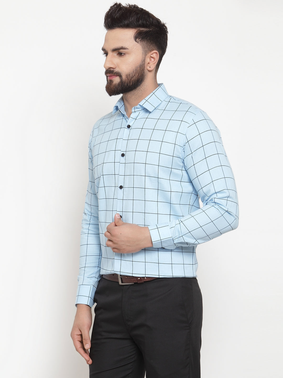 Jainish Blue Men's Cotton Checked Formal Shirts ( SF 742Sky ) - Distacart