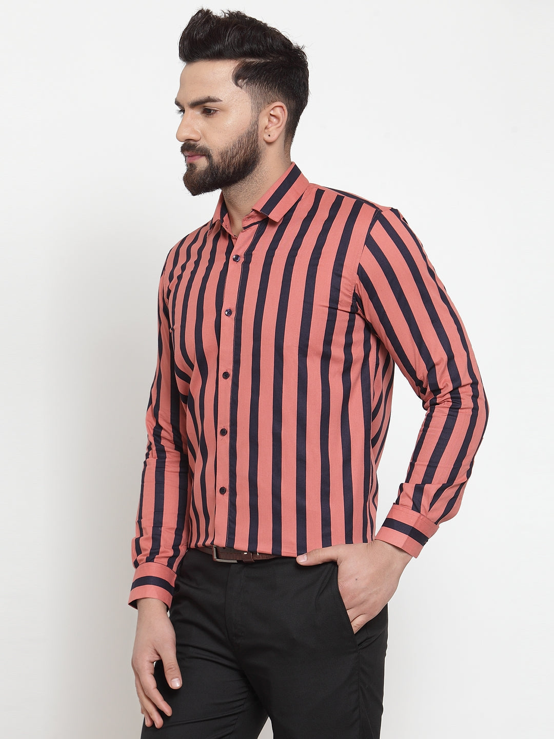 Jainish Red Men's Cotton Striped Formal Shirts ( SF 744Coral ) - Distacart