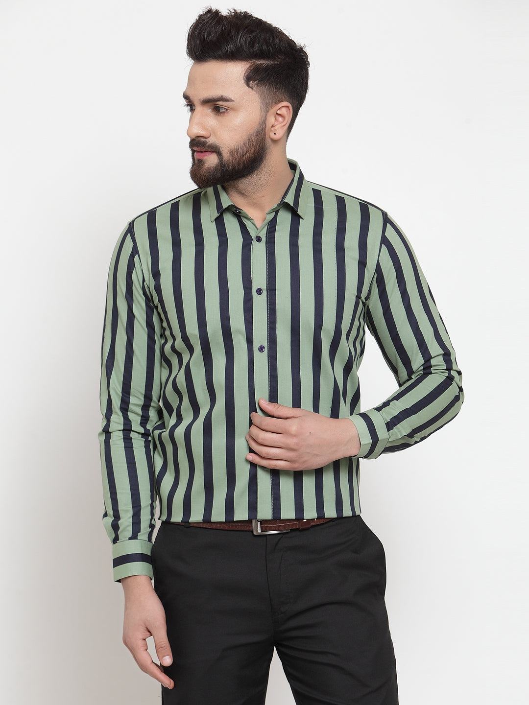 Jainish Green Men's Cotton Striped Formal Shirts ( SF 744Green ) - Distacart