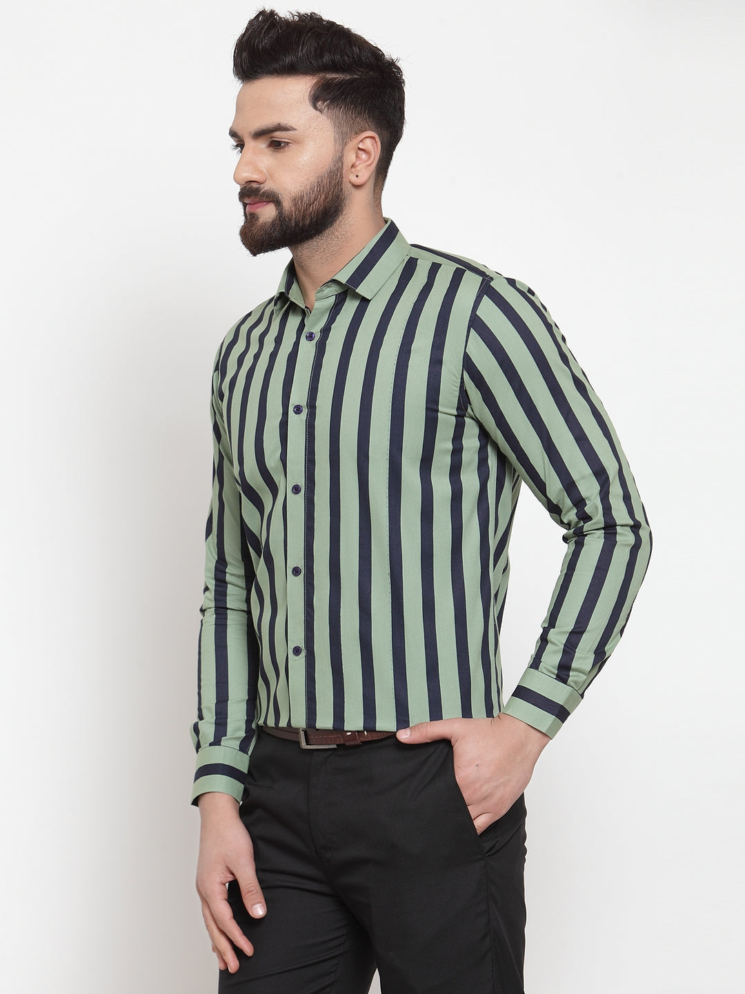 Jainish Green Men's Cotton Striped Formal Shirts ( SF 744Green ) - Distacart