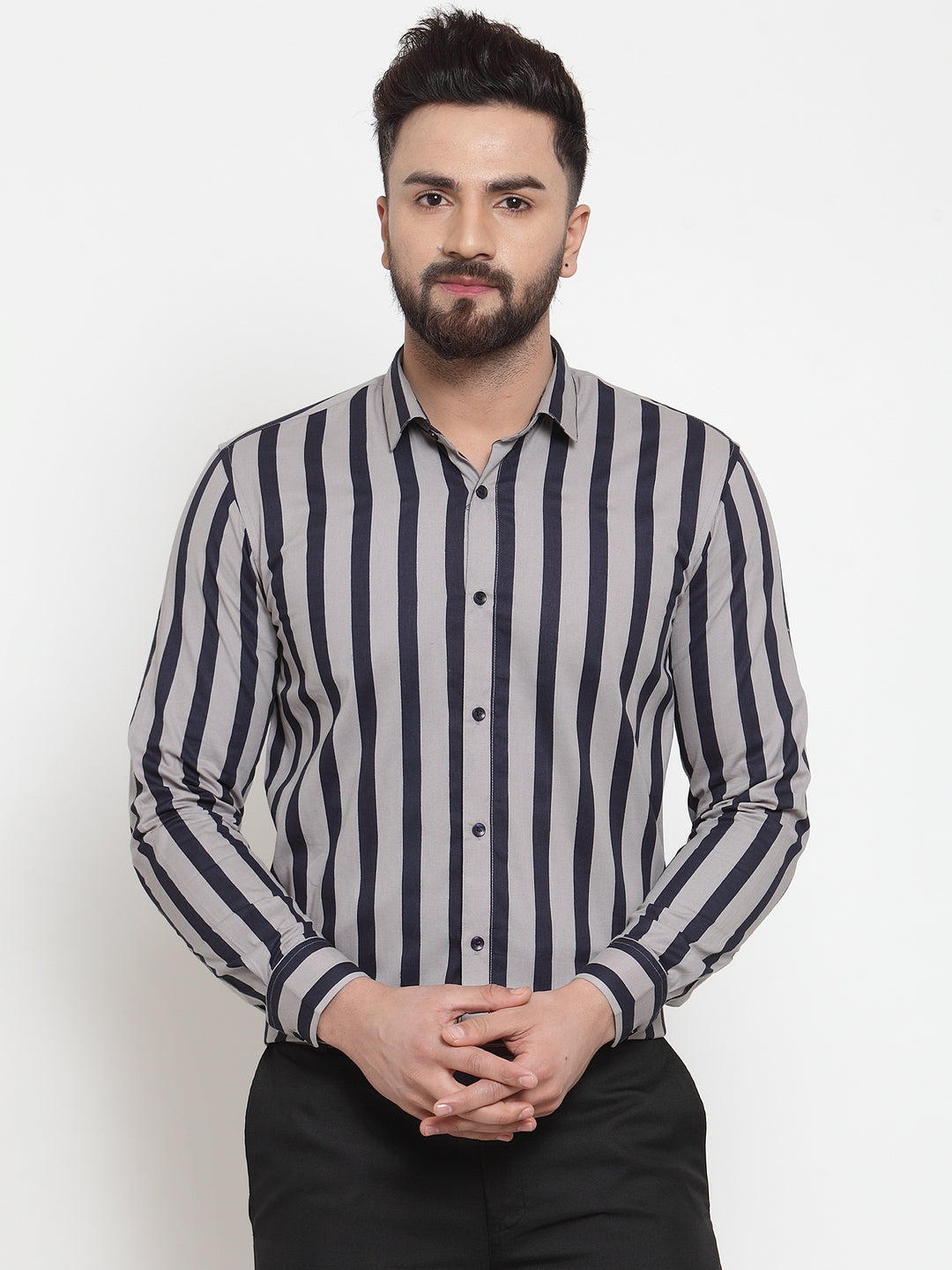 Jainish Grey Men's Cotton Striped Formal Shirts ( SF 744Grey ) - Distacart