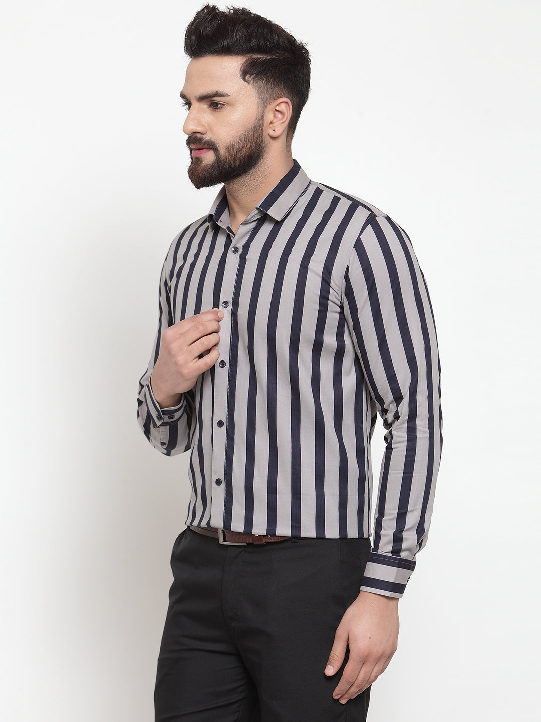 Jainish Grey Men's Cotton Striped Formal Shirts ( SF 744Grey ) - Distacart
